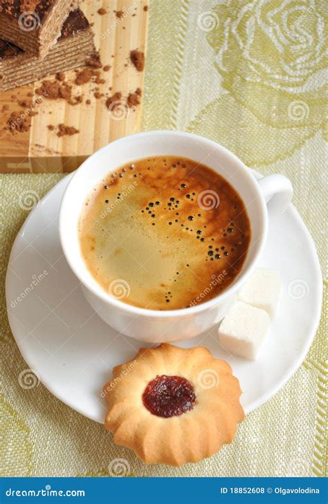 Morning Coffee with Biscuits and Cake Stock Photo - Image of black, chocolate: 18852608