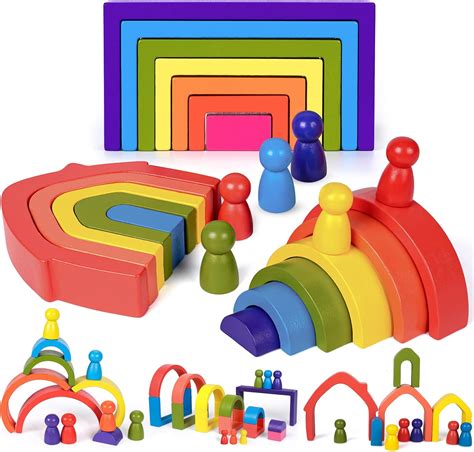 24 PCS Rainbow Wooden Toys Rainbow Stacker Nesting Puzzle Blocks Wooden Montessori Stacking Toys ...