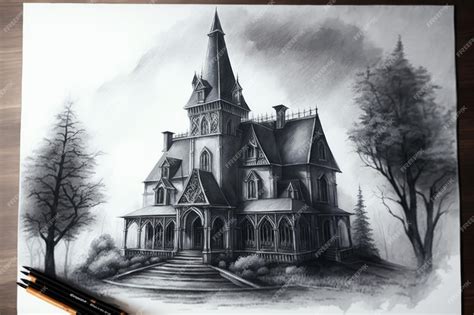 Premium AI Image | Pencil sketch of gothic house surrounded by misty fog and trees