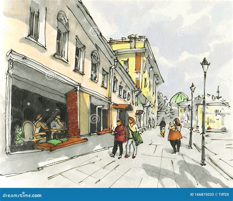 Urban Sketch. Street in the City Centre Stock Illustration - Illustration of street, apartment ...