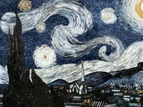 the starry night painting is shown with buildings and hills in the ...