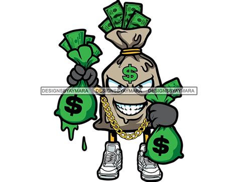 Money Cartoon Character Holding Money Bags Dripping Cash Bank Trap House Dope Boy Gold Chain Hip ...