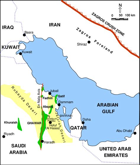 Map showing the location of the Ghawar oil field and Zagros tectonic ...