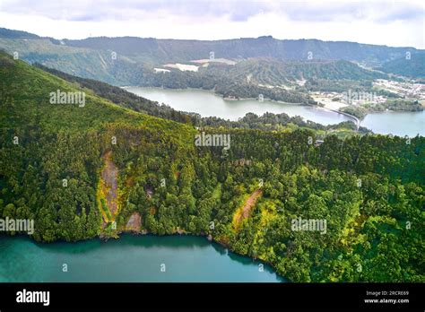 Aerial shot picturesque paradise of Sete Cidades in Azores, Sao Miguel. Volcanic craters and ...