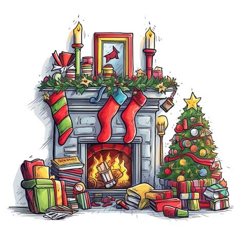 Premium Vector | A drawing of a fireplace with a christmas tree and ...