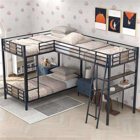 Buy Metal Triple Bunk Bed with Desk and Shelf, L-Shaped Bunk Bed for 3 ...