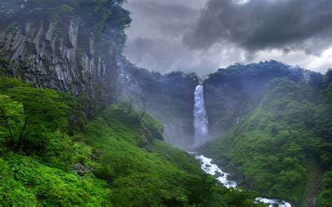 Fond d'écran : Japon, des arbres, paysage, cascade, la nature, herbe, ciel, des nuages ...