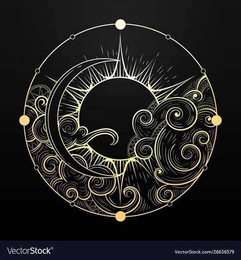 Hand drawn golden sun and moon with cloud Vector Image | Sun and moon drawings, Moon art ...