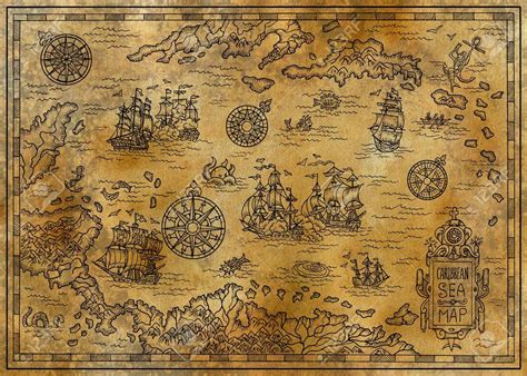 Old map of the Caribbean Sea with decorative and fantasy elements, pirate sailing ships, compass ...