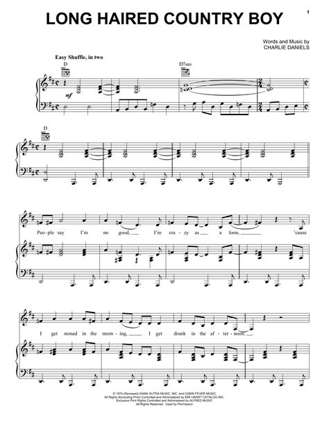 Long Haired Country Boy by Charlie Daniels Sheet Music for Piano, Vocal ...