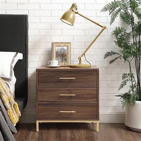 Posh Living Stella 3-Drawer Nightstand with Metal Base in Walnut/Gold ...