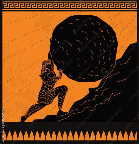 Sisyphus greek myth rolling a rock in a mountain Stock Vector | Adobe Stock