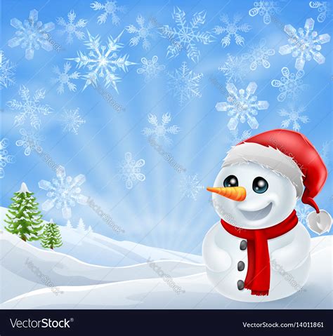 Christmas snowman in snowy scene Royalty Free Vector Image