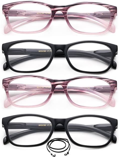 4 Packs Women Reading Glasses Pink & Black with Lanyard Spring Hinge Rectangular Fashion Reading ...