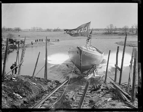 Launching of the fishing schooner Columbia in Essex - Digital Commonwealth