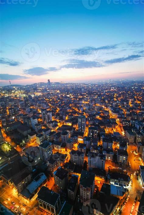 high angle view of residences buildings in Istanbul city at night ...