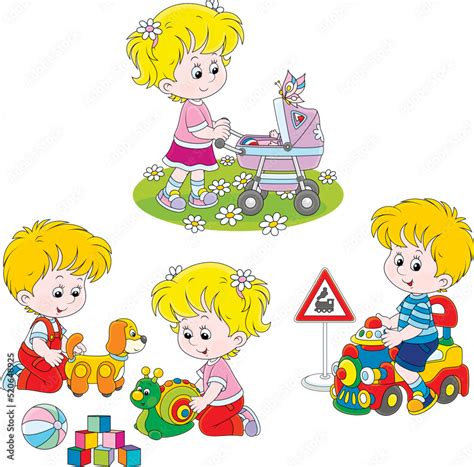 Vector cartoon set of happy little kids playing with their funny toys ...