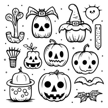 Collection Of Halloween Items Outline Coloring Pages For Children, Clip Art, Set, Cartoon Line ...