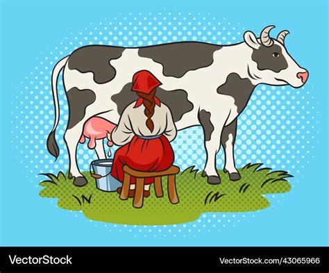 Milkmaid milking cow comic book pop art Royalty Free Vector