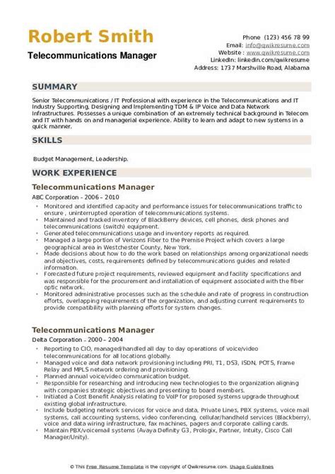 Telecommunications Manager Resume Samples | QwikResume