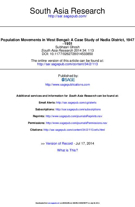 (PDF) Population Movement in Nadia District, 1947-1951 | Subhasri Ghosh ...