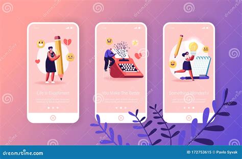 People Enjoying Writing Mobile App Page Onboard Screen Set. Characters Typing Books, Note Ideas ...