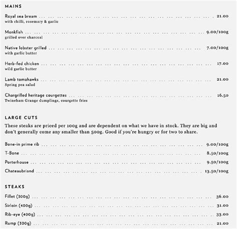 Menu at Hawksmoor Seven Dials pub & bar, London, 11 Langley St