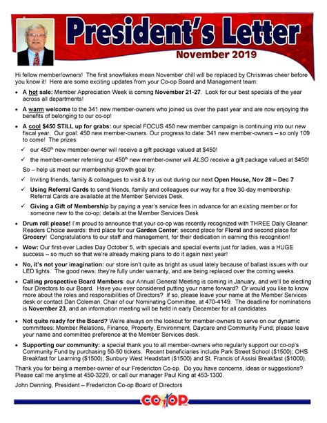 President’s Letter Nov – Fredericton Co-op