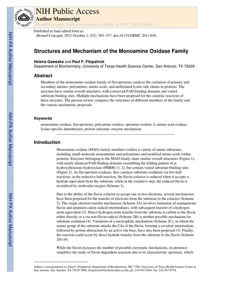 (PDF) Structures and Mechanism of the Monoamine Oxidase Family