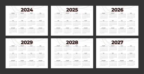 Set of annual calendar template for 2024, 2025, 2026, 2027, 2028 and ...