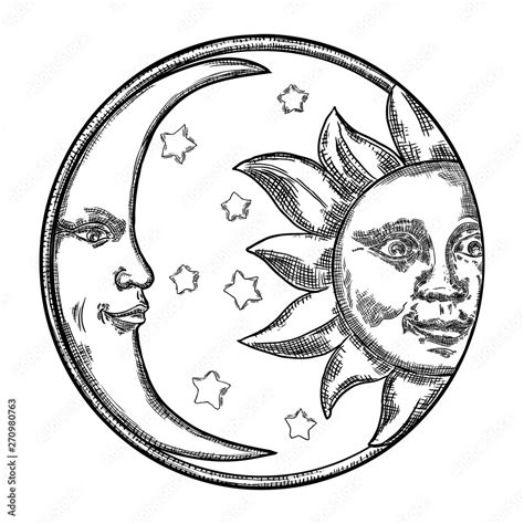 Hand drawn art sun and crescent moon. Flash tattoo design. Antique style design, isolated on ...