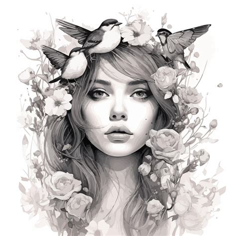 Premium Vector | A black and white drawing of a woman with a flower crown on her head.