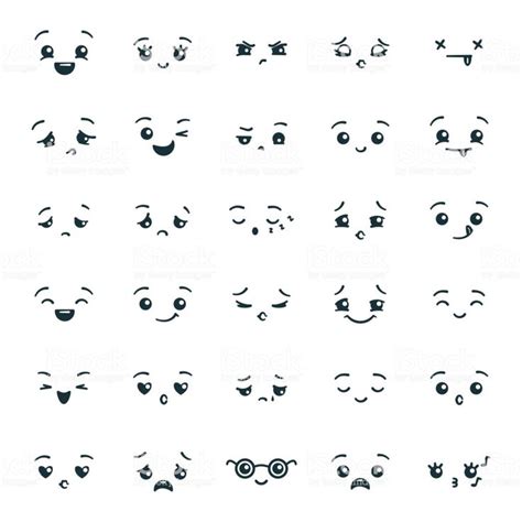 Set of cute kawaii emoticons emoji. Expression faces in the style of... | Doodle ideer, Idéer ...