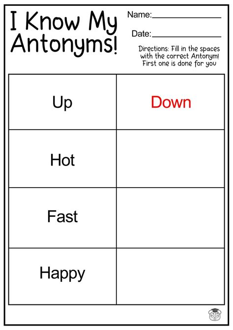 10 Printable Antonym English Worksheets Fill in the Blank Using Antonyms ages 4 7 KG1 to Grade 2 ...