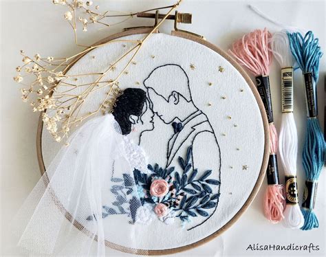 Customizable Wedding Embroidery Kit, Bride in Wedding Dress, Floral Couple Portraits Embroidery ...