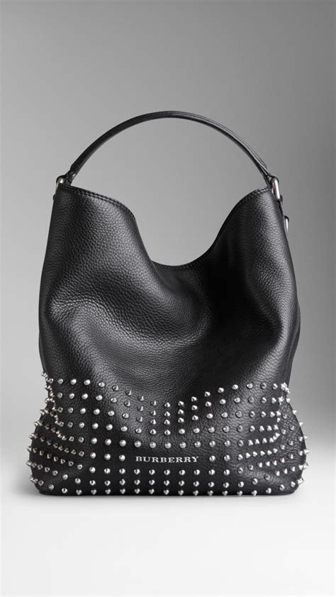 Black Leather Hobo Bag With Silver Studs | semashow.com