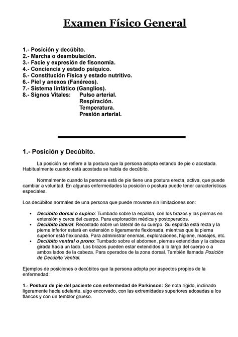 Examen Fisico General - 123 - Examen Físico General 1.- Posición y ...