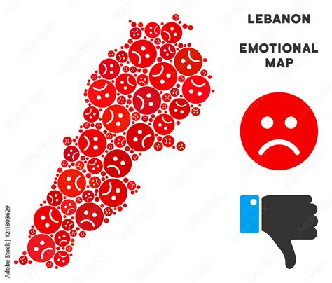 Emotion Lebanon map composition of sad emojis in red colors. Negative mood vector template of ...