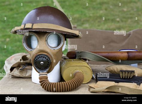 British issue WW1 gas mask and helmet on display Stock Photo - Alamy