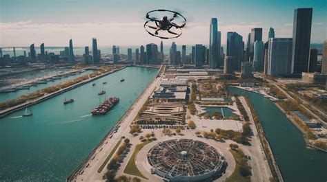 Premium AI Image | A drone flying over a city with a city in the background