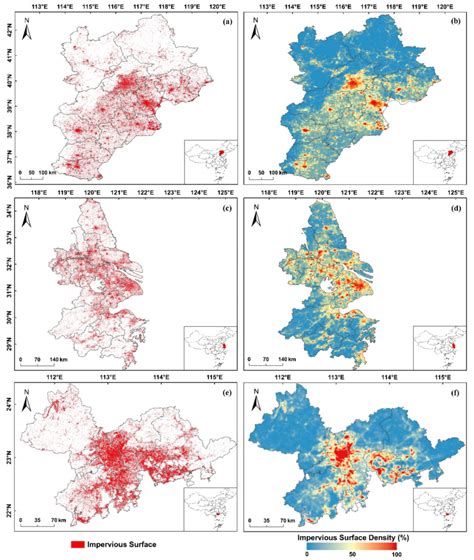 Spatial pattern of the impervious surface area and the density of the ...