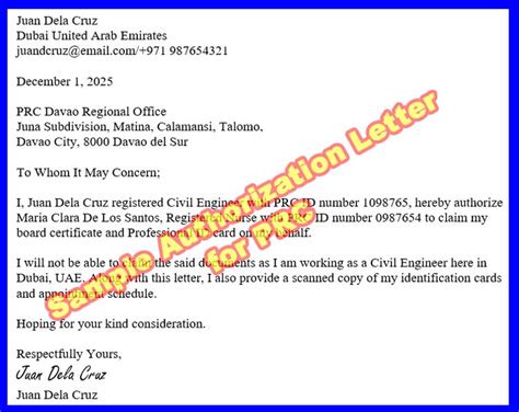 PRC Authorization Letter Sample and Format