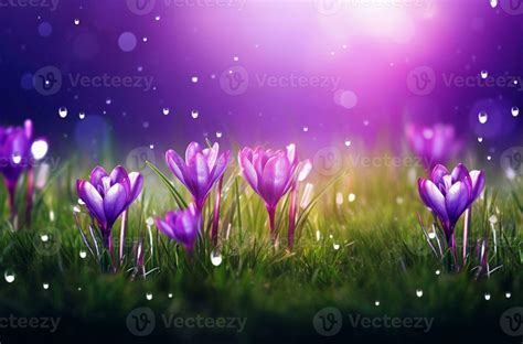 AI Generative Beautiful violet crocus flowers growing on the dry grass the first sign of spring ...