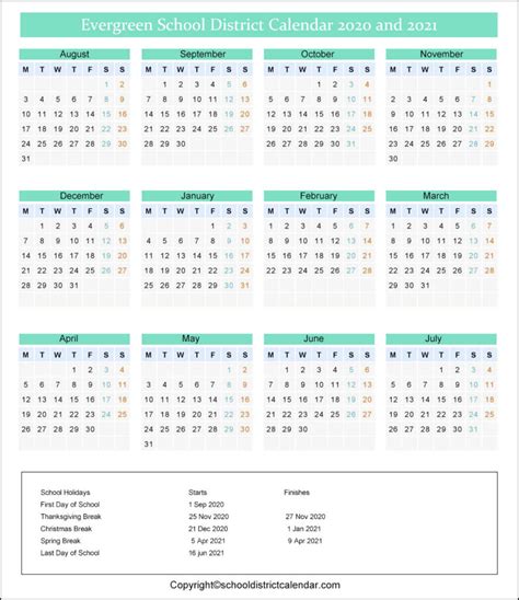 Evergreen School District Calendar Holidays 2020-2021