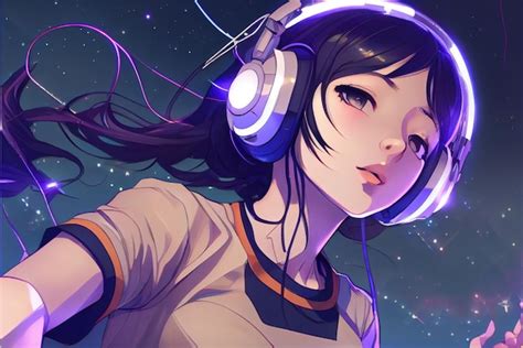 Premium Photo | Anime girl in neon headphones Generative AI