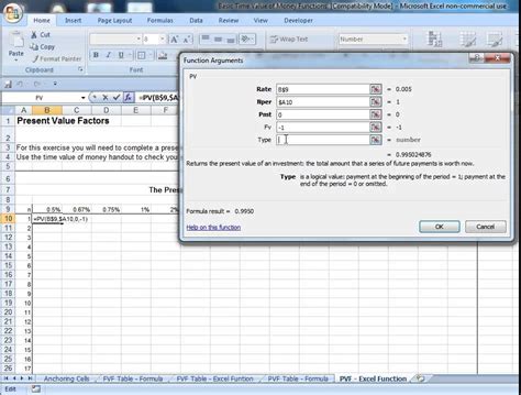 Excel PV Factor Table PV Function - YouTube