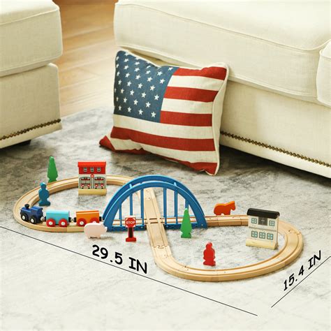 Wooden Train Set with Train Tracks Bridge Fits Brio (34 pcs) – SainSmart Jr.