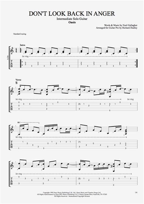 Don't Look Back in Anger by Oasis - Intermediate Solo Guitar Guitar Pro Tab | mySongBook.com