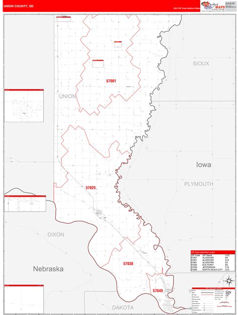 Union County, SD Zip Code Wall Map Red Line Style by MarketMAPS