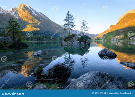 Wonderful Sunrise of Hintersee Lake. Amazing Morning View of Bavarian Alps on the Austrian ...